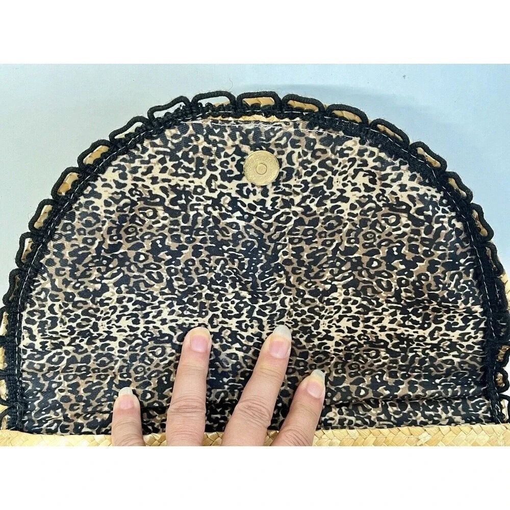 Shiraleah Straw Envelope Clutch Purse W/ Black Trim. Leopard Lining Snap Closure